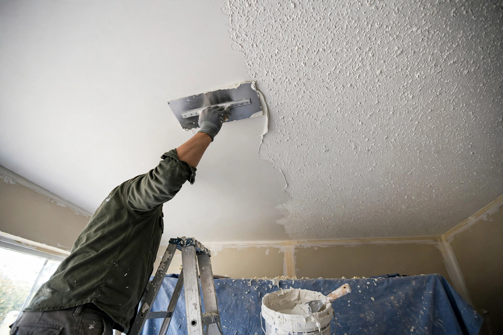 Popcorn Ceiling Removal in Stratford Skim coating a ceiling smooth in a Stratford home