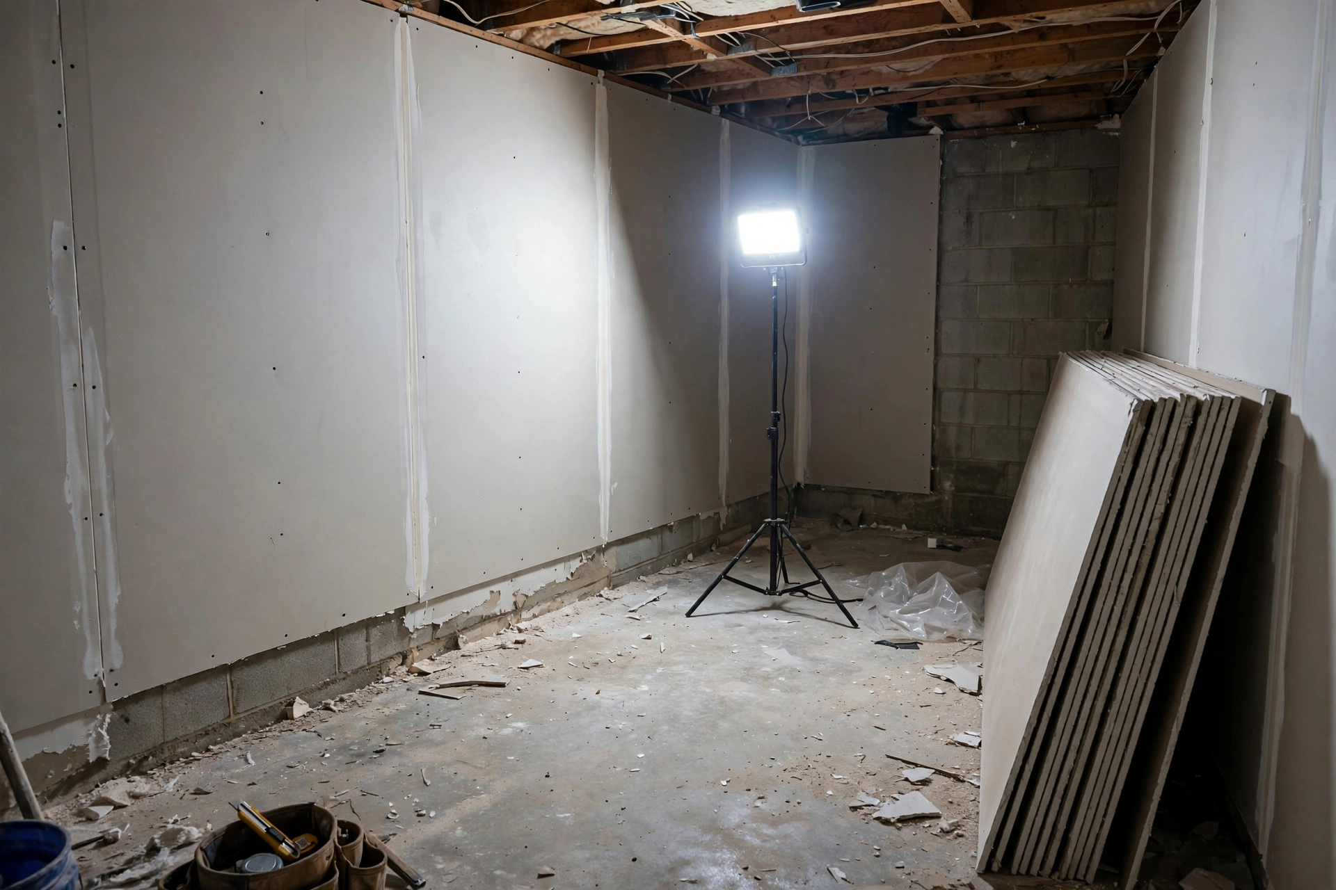 New Drywall Installation in Stratford Freshly hung drywall in a Stratford basement