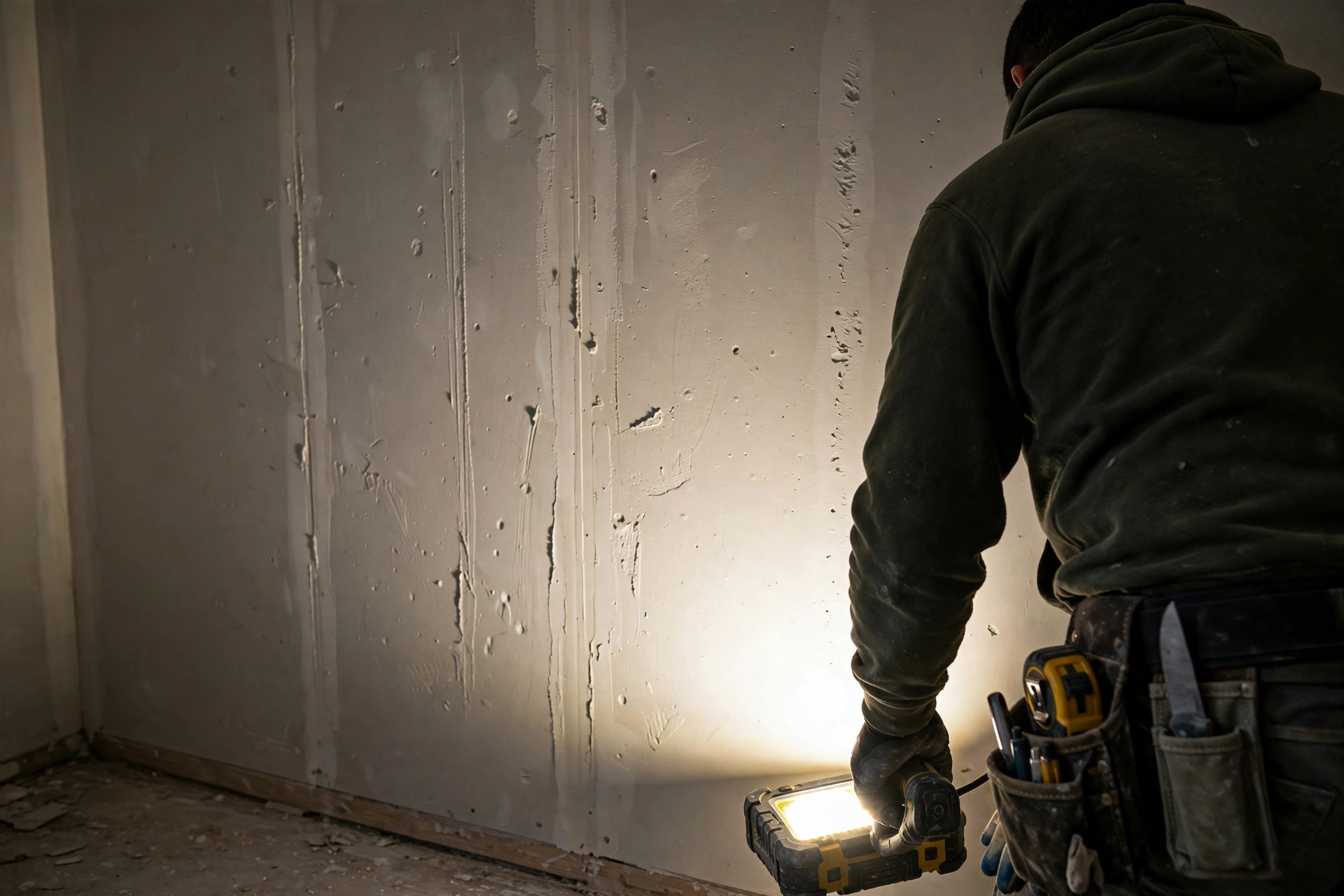 Taping, Mudding & Finishing in Stratford Checking finished drywall under a raking light in a Stratford home