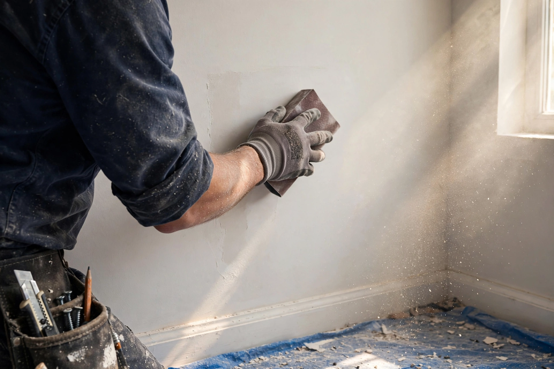 Drywall Repair in Stratford Sanding a drywall patch smooth in a Stratford home