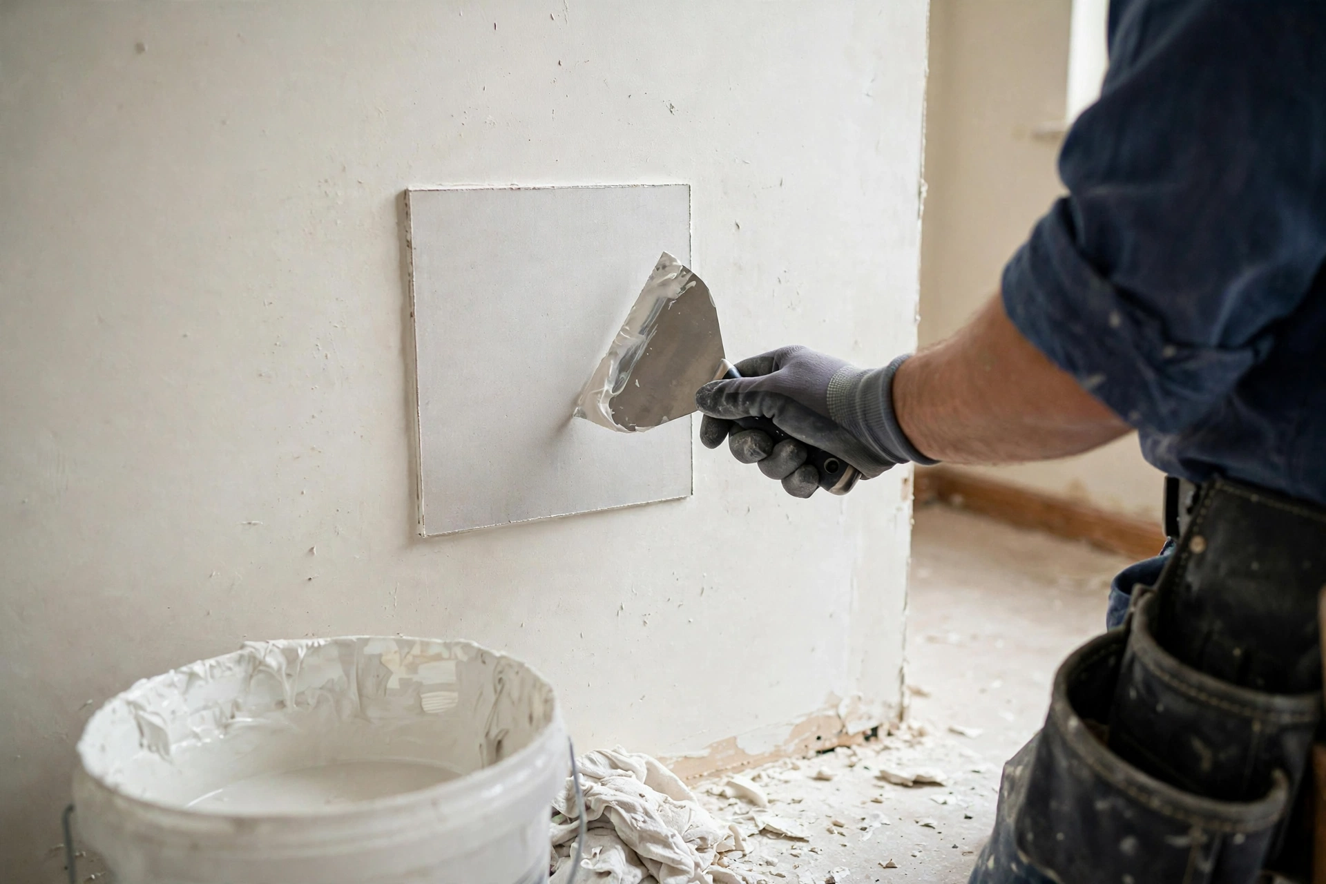 Drywall Repair in Stratford Drywall patch being mudded on a wall in a Stratford home