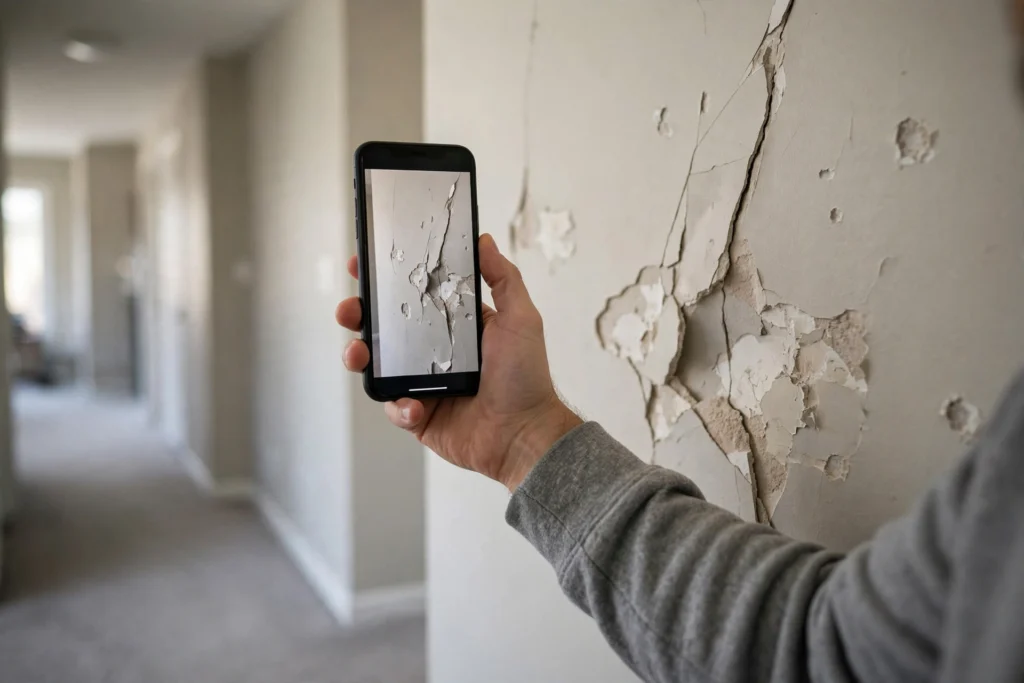 How Much Does Drywall Repair Cost in Stratford? Homeowner photographing drywall damage in a Stratford home for a repair quote