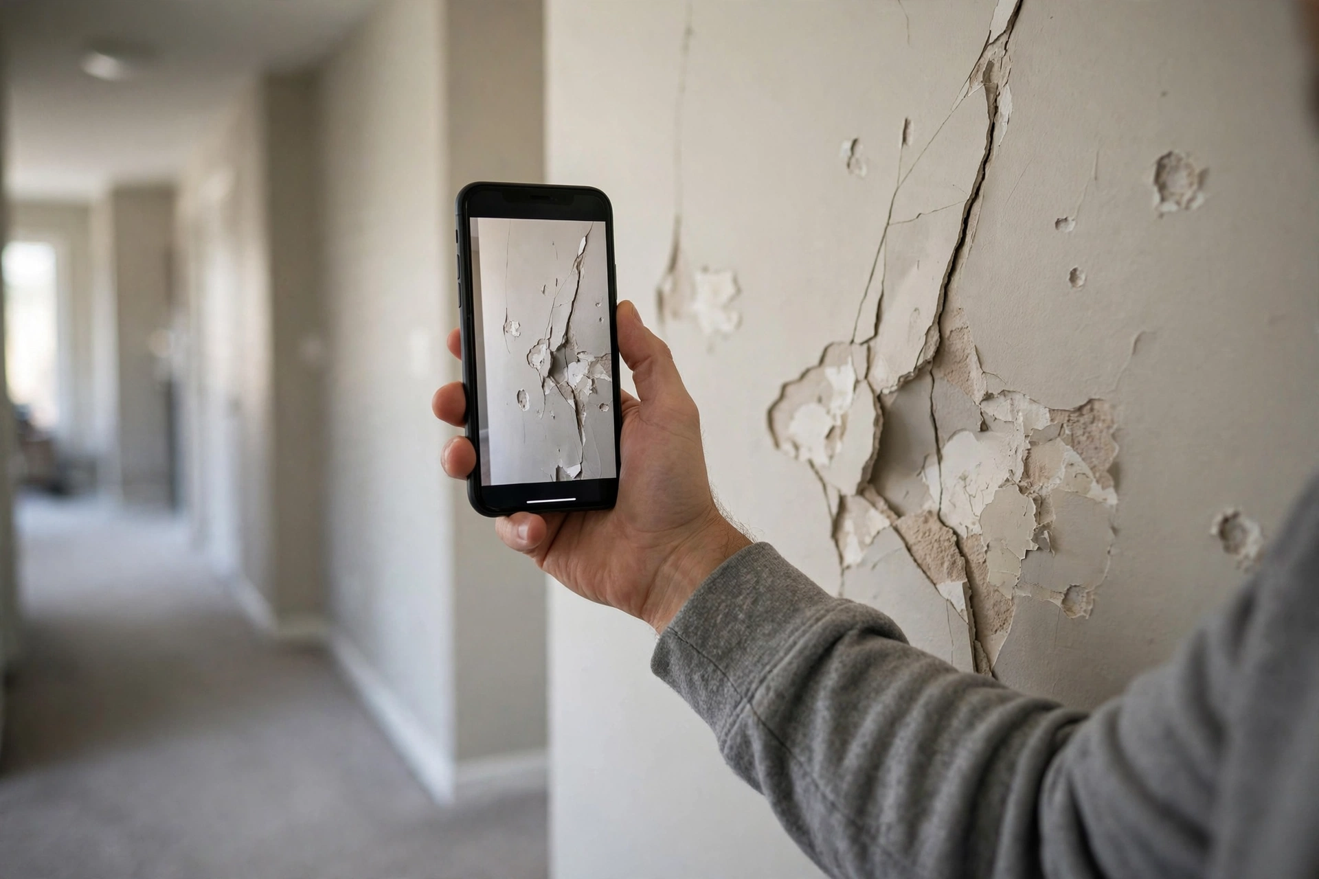 Homeowner photographing drywall damage in a Stratford home for a repair quote