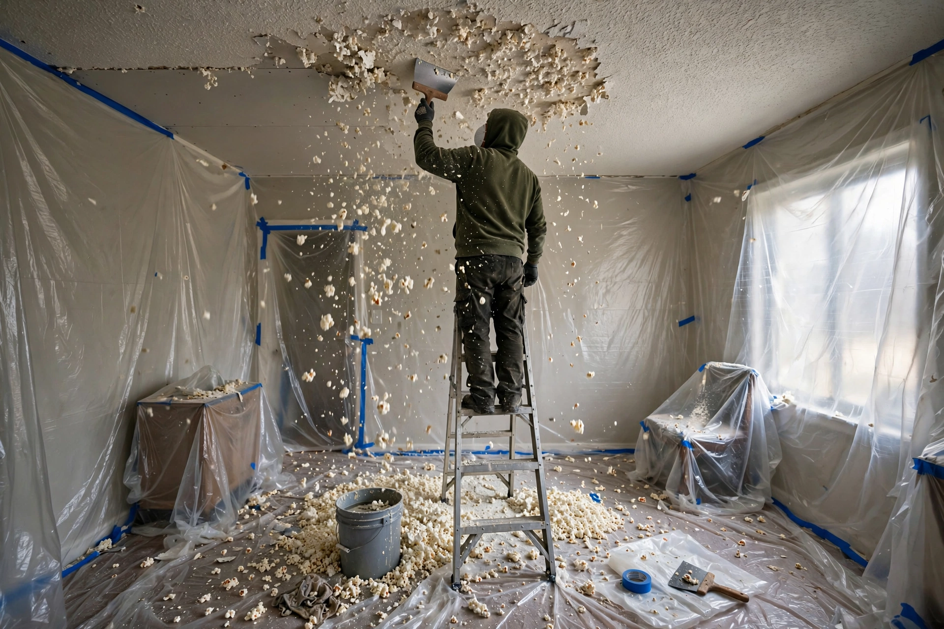 Popcorn Ceiling Removal in Stratford Popcorn ceiling texture being scraped in a sheeted Stratford room