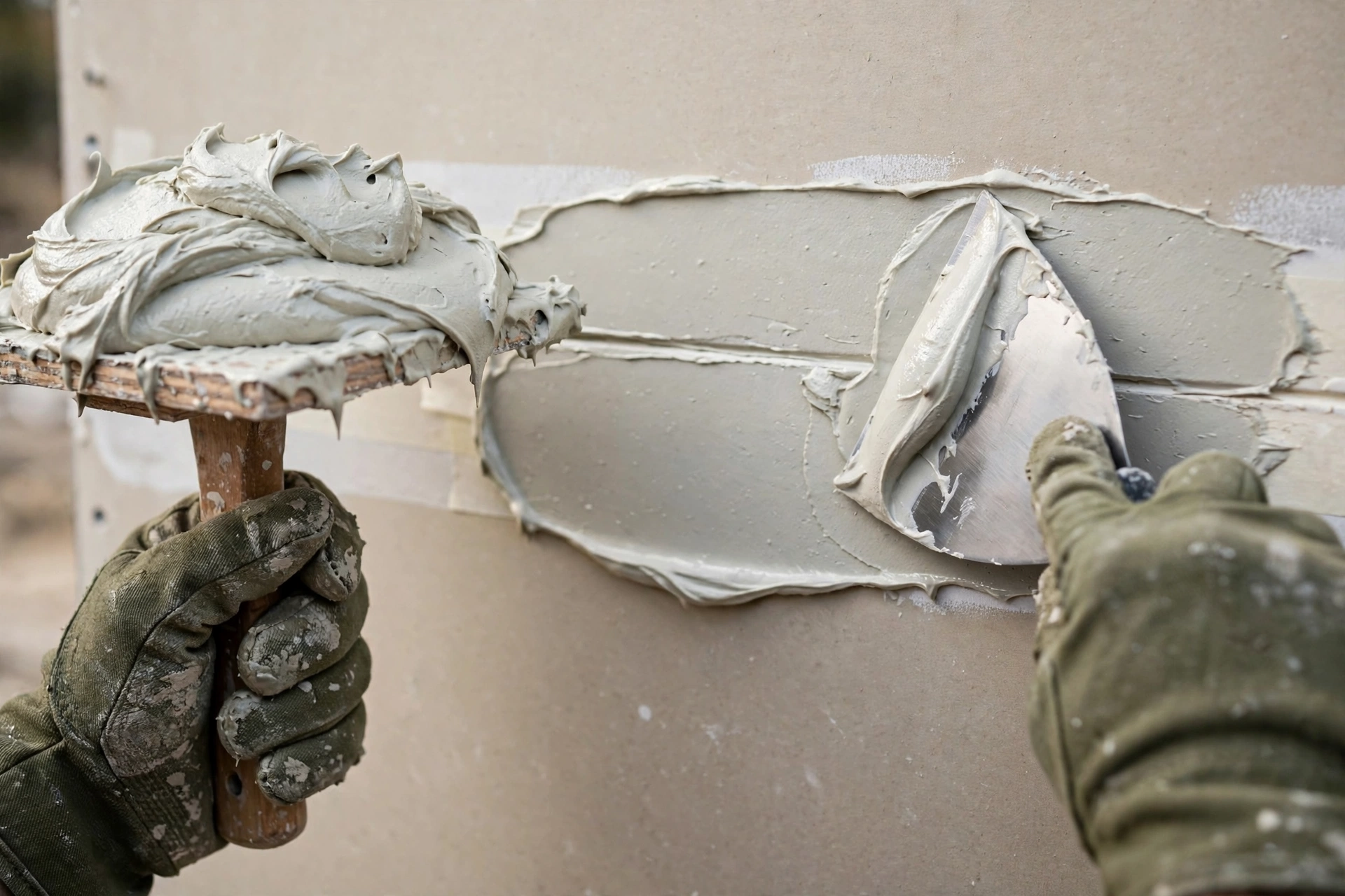 Taping, Mudding & Finishing in Stratford Taping knife applying joint compound over a drywall seam in a Stratford home